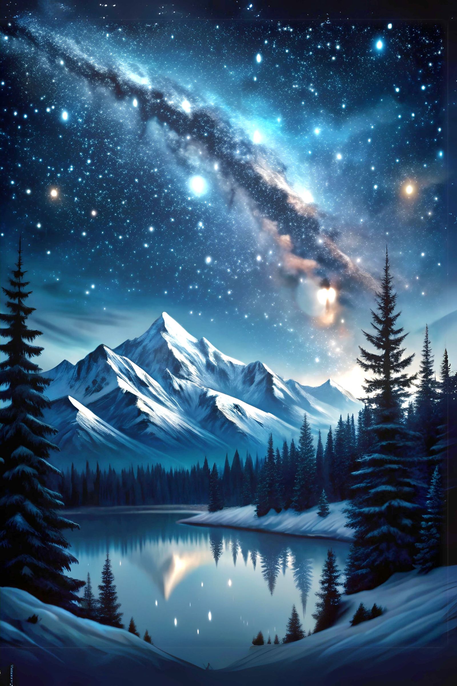Vibrant alpine forest, lake, and mountains under the night sky of stars and the milkyway