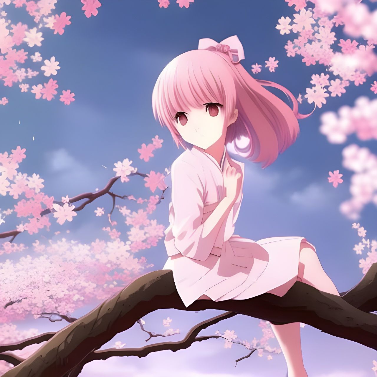 Light pink short hair anime girl surrounded by Sakura cherry blossom trees  - AI Generated Artwork - NightCafe Creator