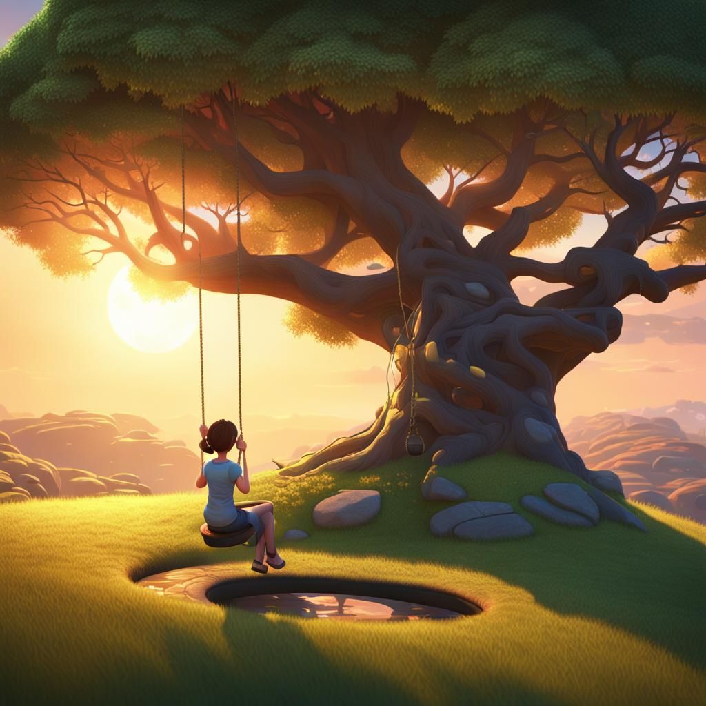 A tree on a hill, a tire swing, a young girl sitting under t...