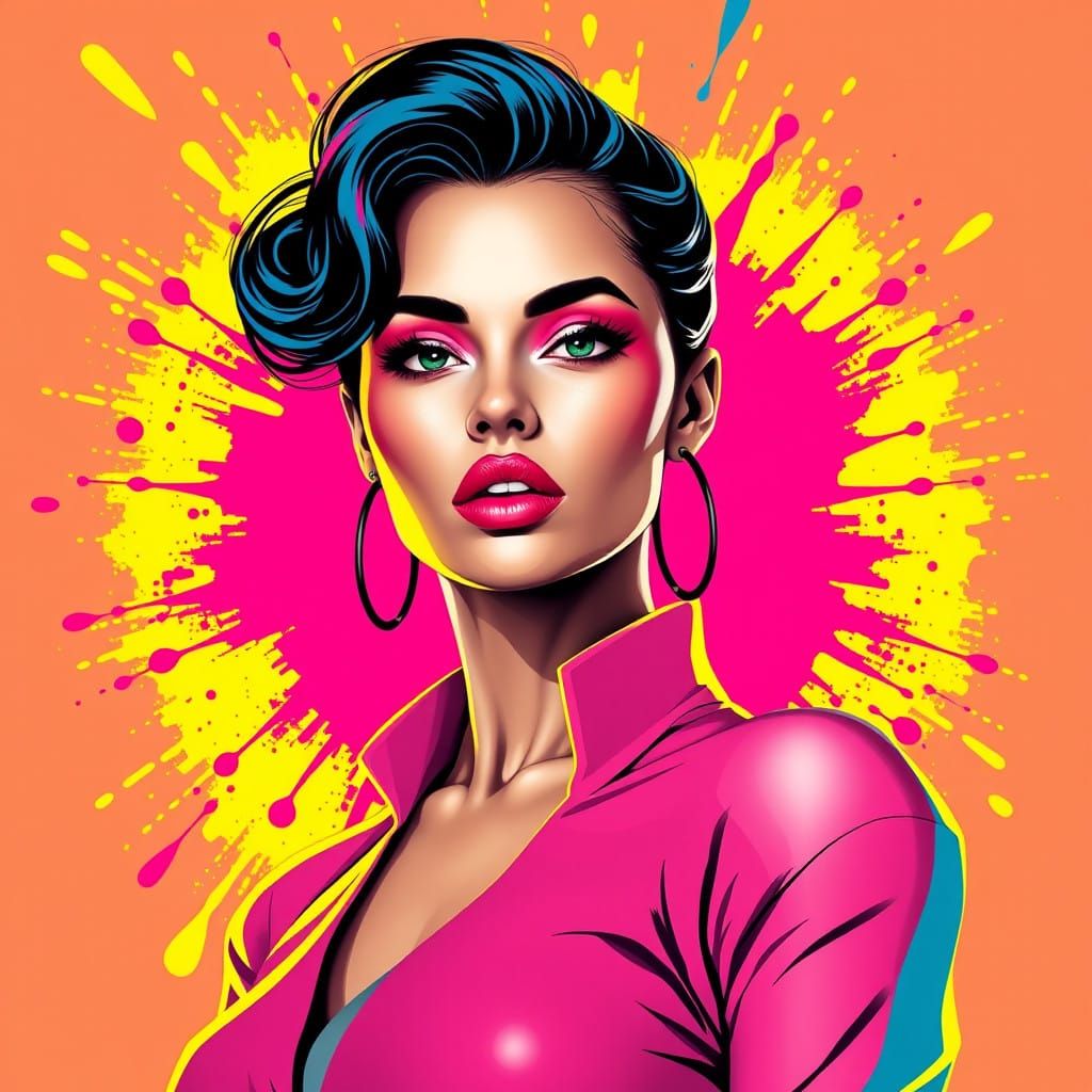 Hyperdetailed pop-art beautiful woman portrait Screen print, pop art, splash screen art, triadic colors, ...  by @PeteArtwork
