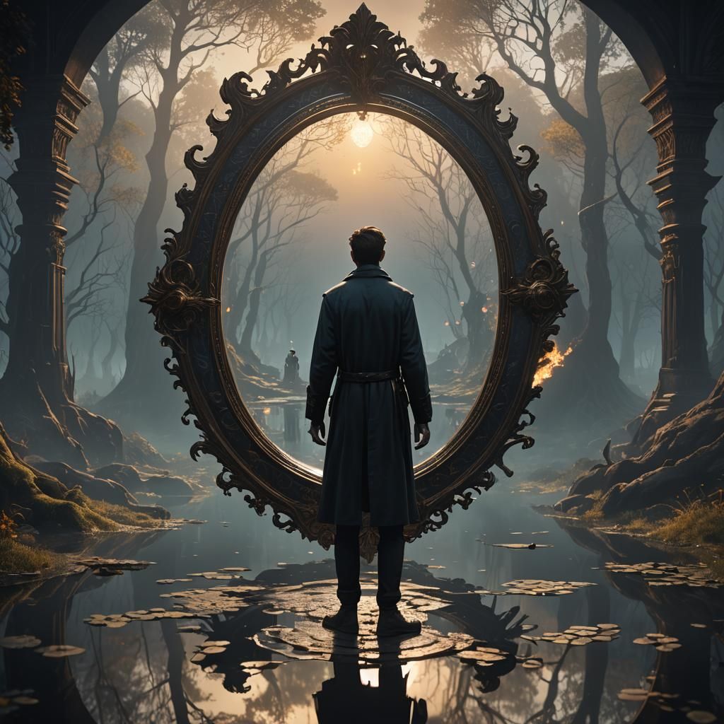 A person with a light essence looks at his reflection and se...