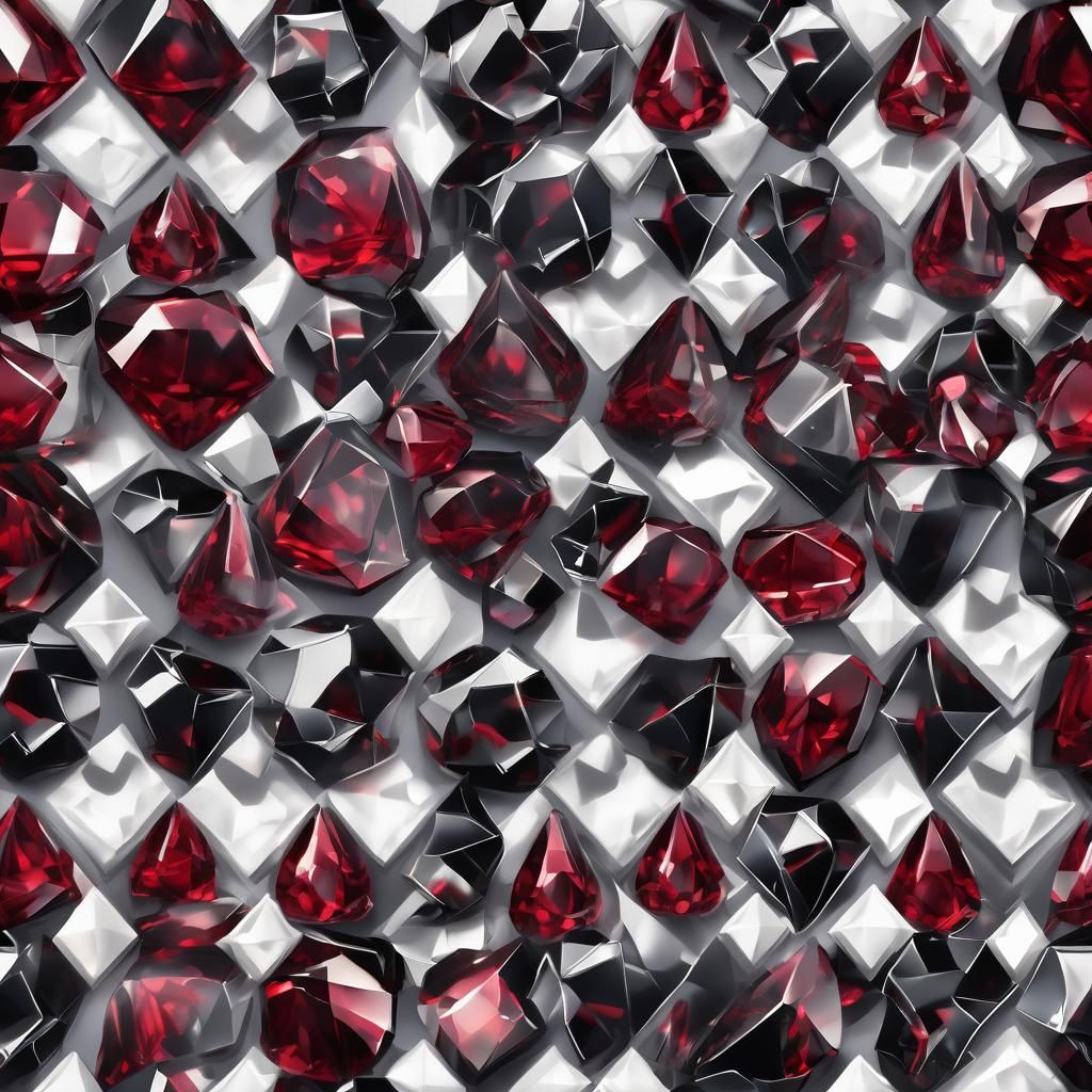 White crystal, diamond shaped, small rubies around in a blac...