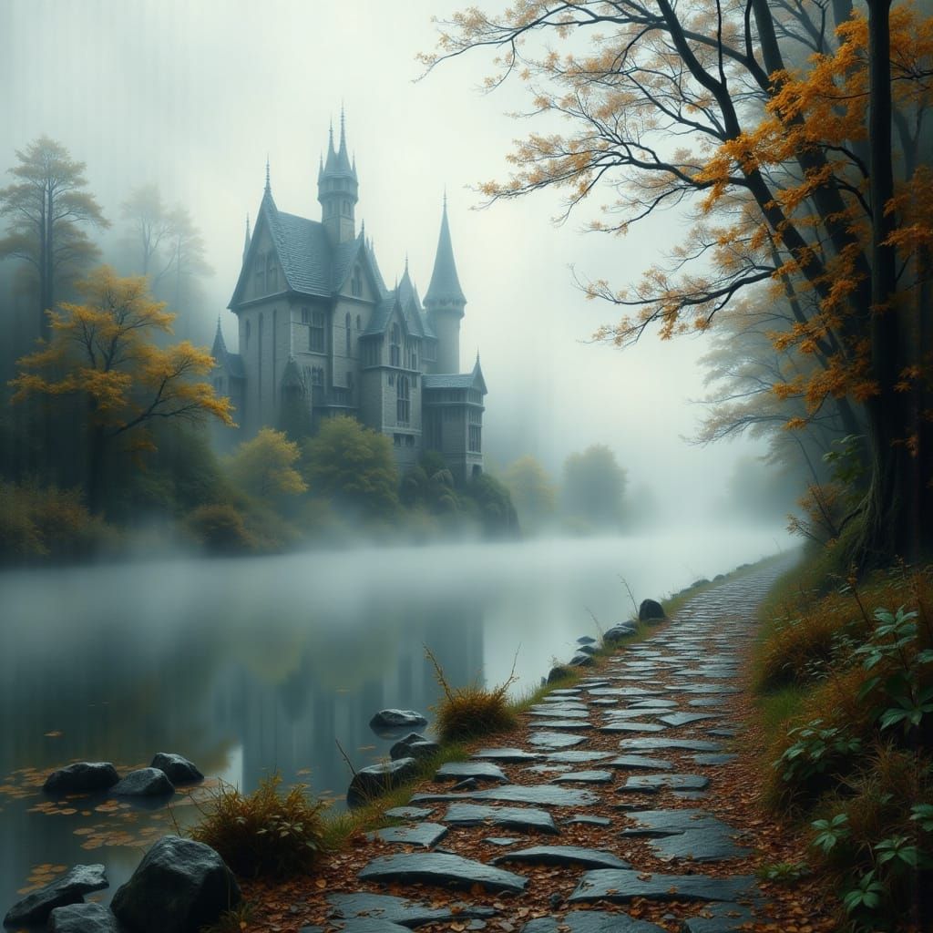 <lora:foggy:1.0> <lora:BookCover Flux:1.0> Rural countryside, a misty lake, reflection of a magnificent moated castle 
i...