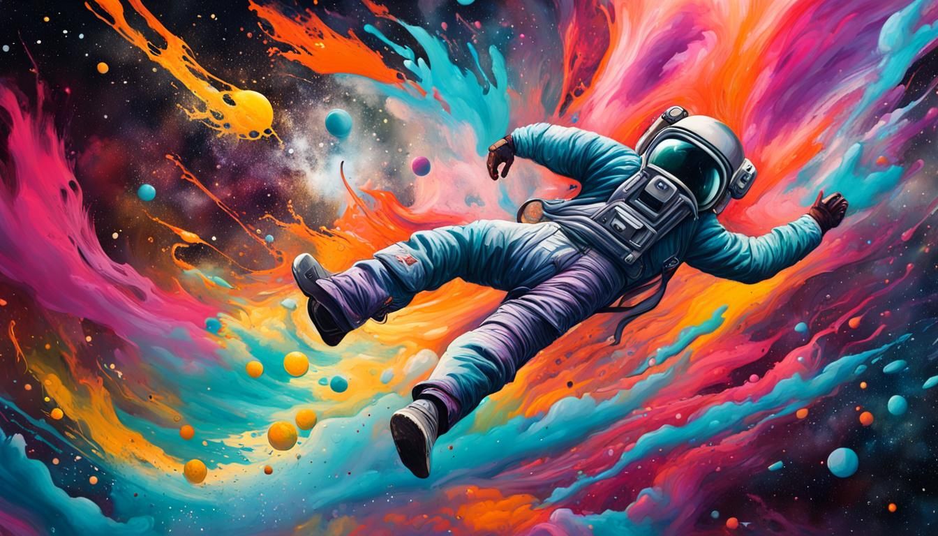Man flying through space graffiti art, splash art, street ar...