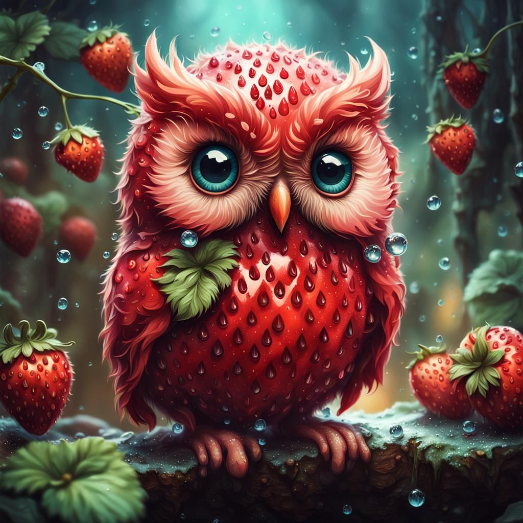 Cute adorable Insanely detailed photograph of an fluffy strawberry owl ...