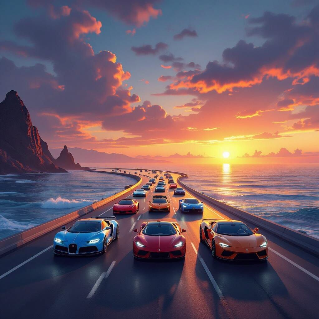 Luxury Cars Race on Highway Through Parted Sea at Sunset