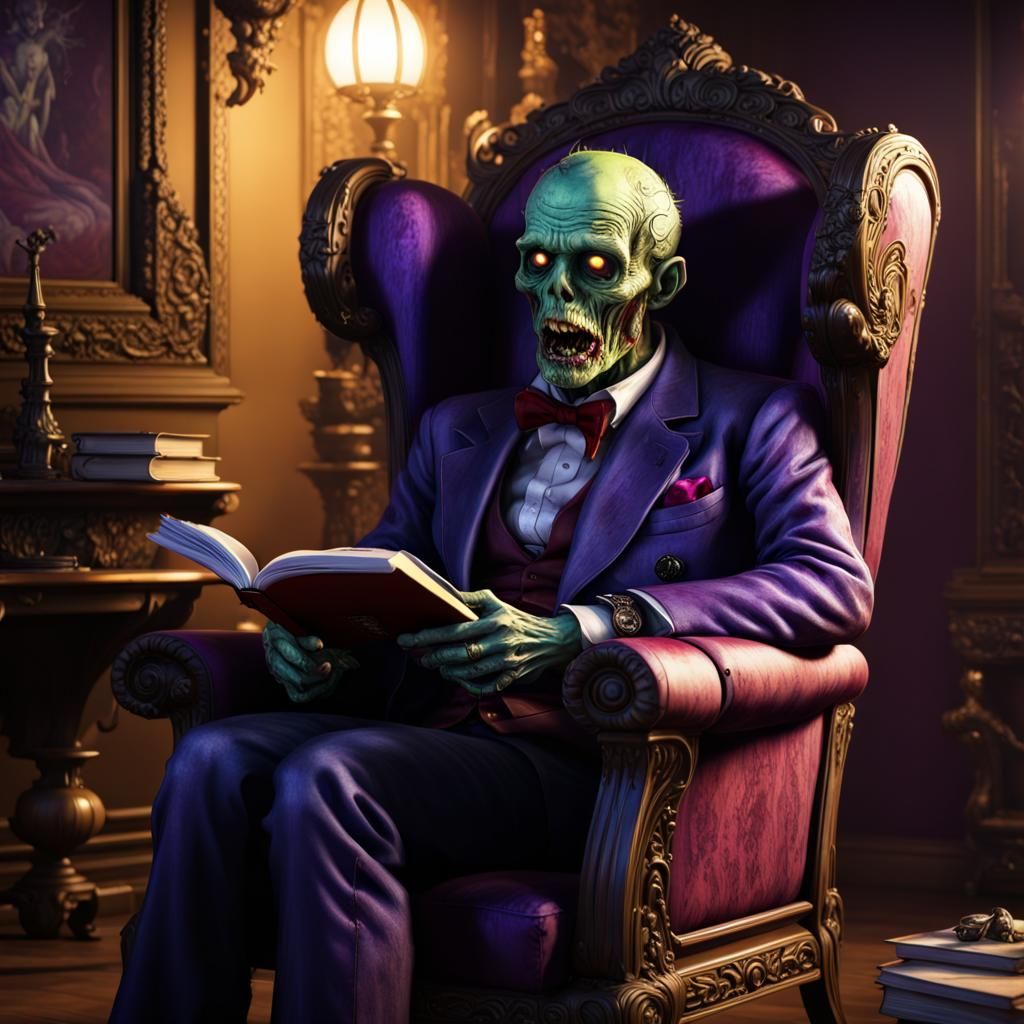 Zombie sitting in vintage chair reading a book
