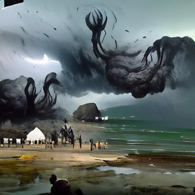 Lovecraftian horror looms over a black beach with a storm brewing behind it concept art