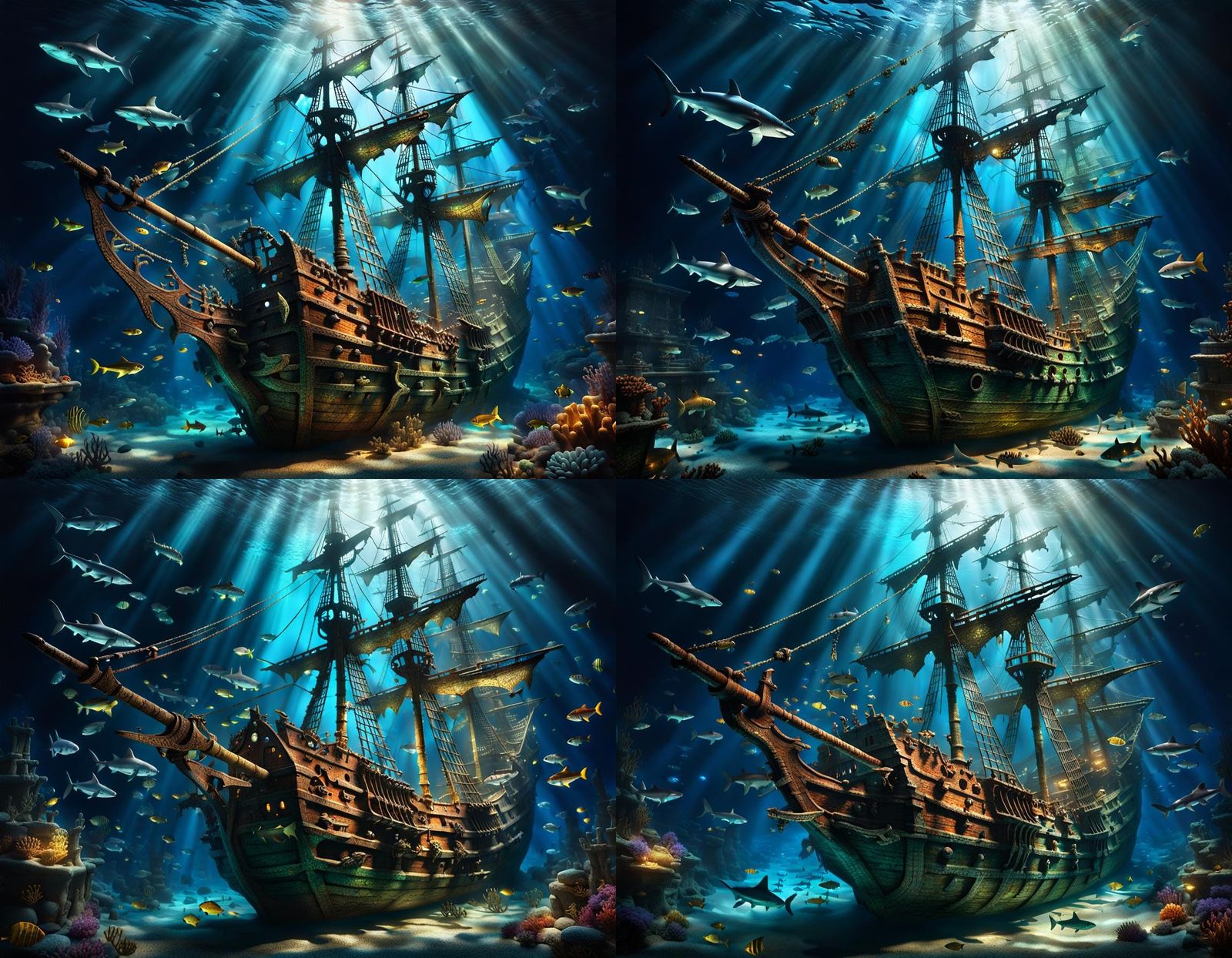 An under water ancient galleon shipwreck precariously hanging over a dark abyss, lit by a beam of sunlight through water...
