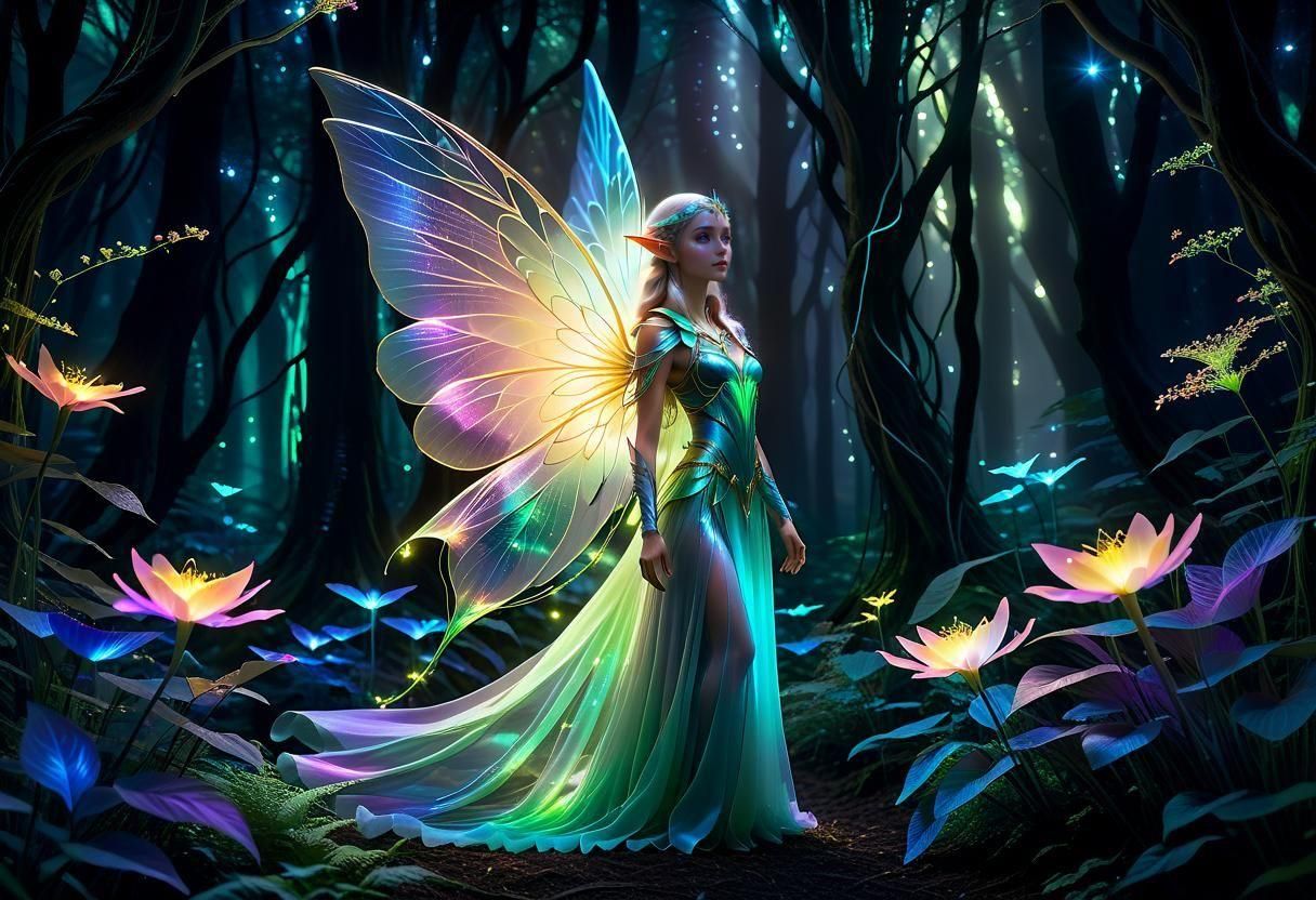 Ethereal, delicate female elf with translucent wings, adorned in a flowing, iridescent gown that shimmers ...  by @Ishya