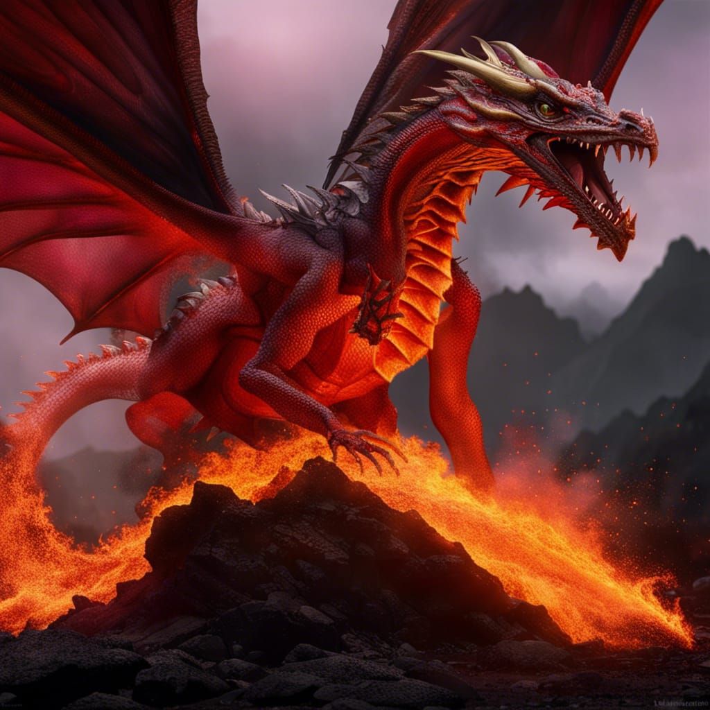 A real looking gigantic high quality 8k uhd fire dragon flying in a ...