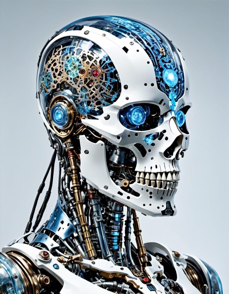 <lora:Android:1.0> <lora:Dem Bones:1.0> Extreme biomedical cyberpunk surgery horror, android brain operation / synthetic translucent carved...