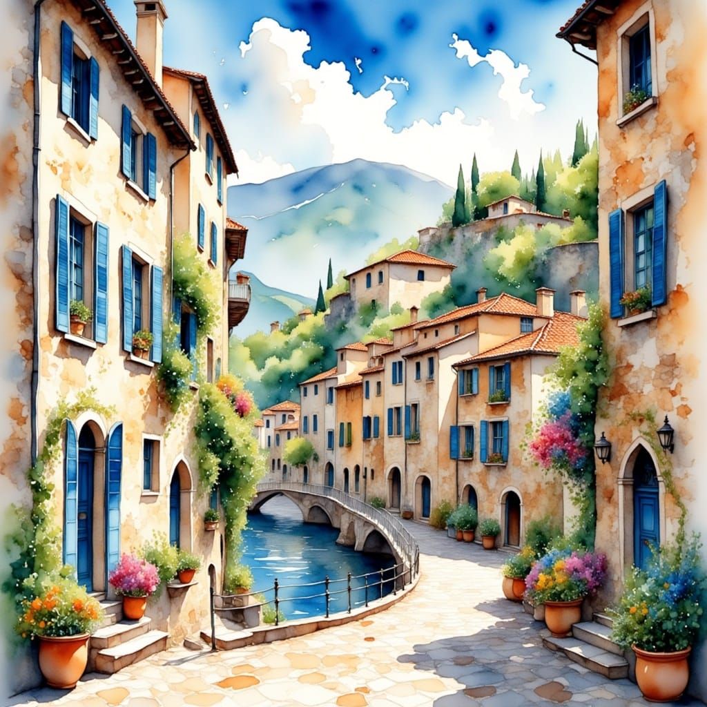 <lora:WATERCOLOUR STYLE:1.0> a gorgeous medieval town with a steep road over the bay, stone buildings, bridges, fruit trees and flower pots ...