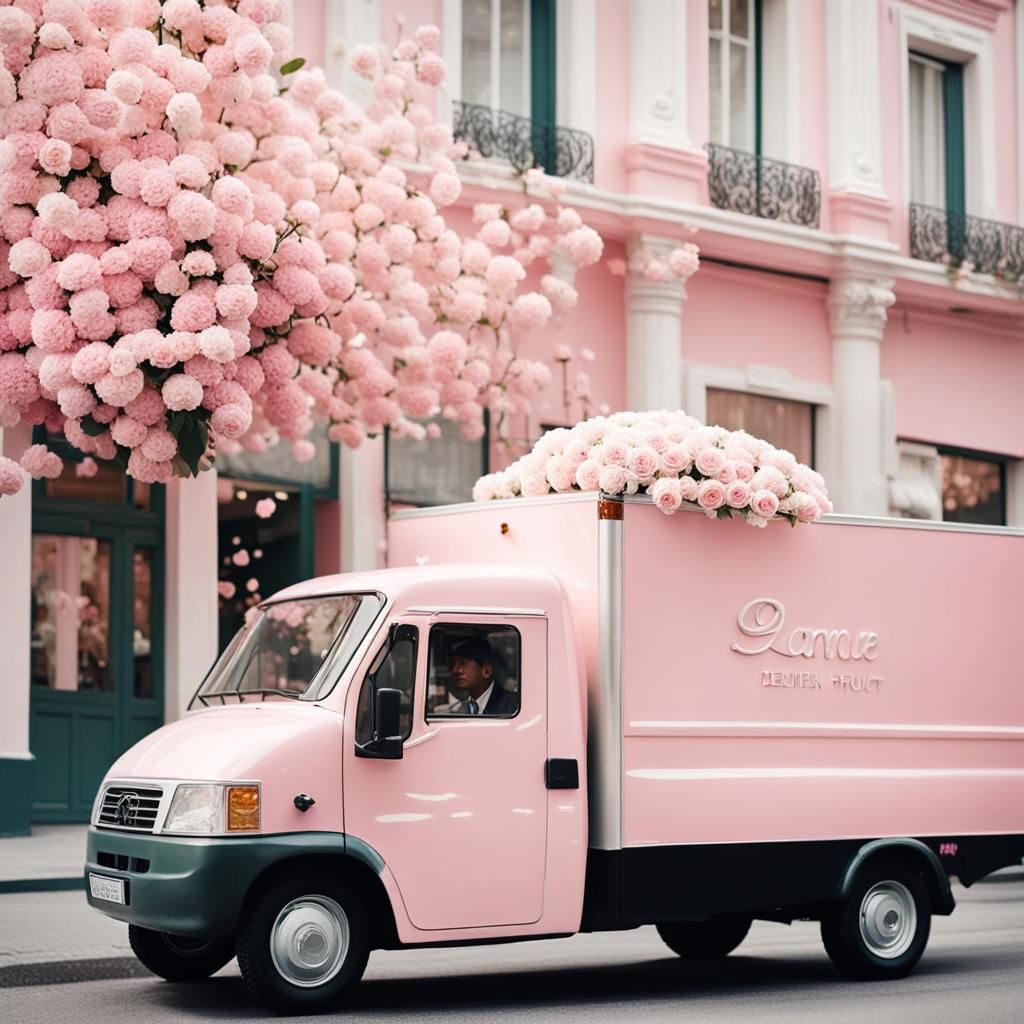 A cute pink and white delivery truck next to a pretty white ...