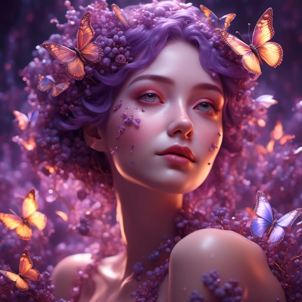 purple cute blueberry with purple butterflies AI Generated Artwork