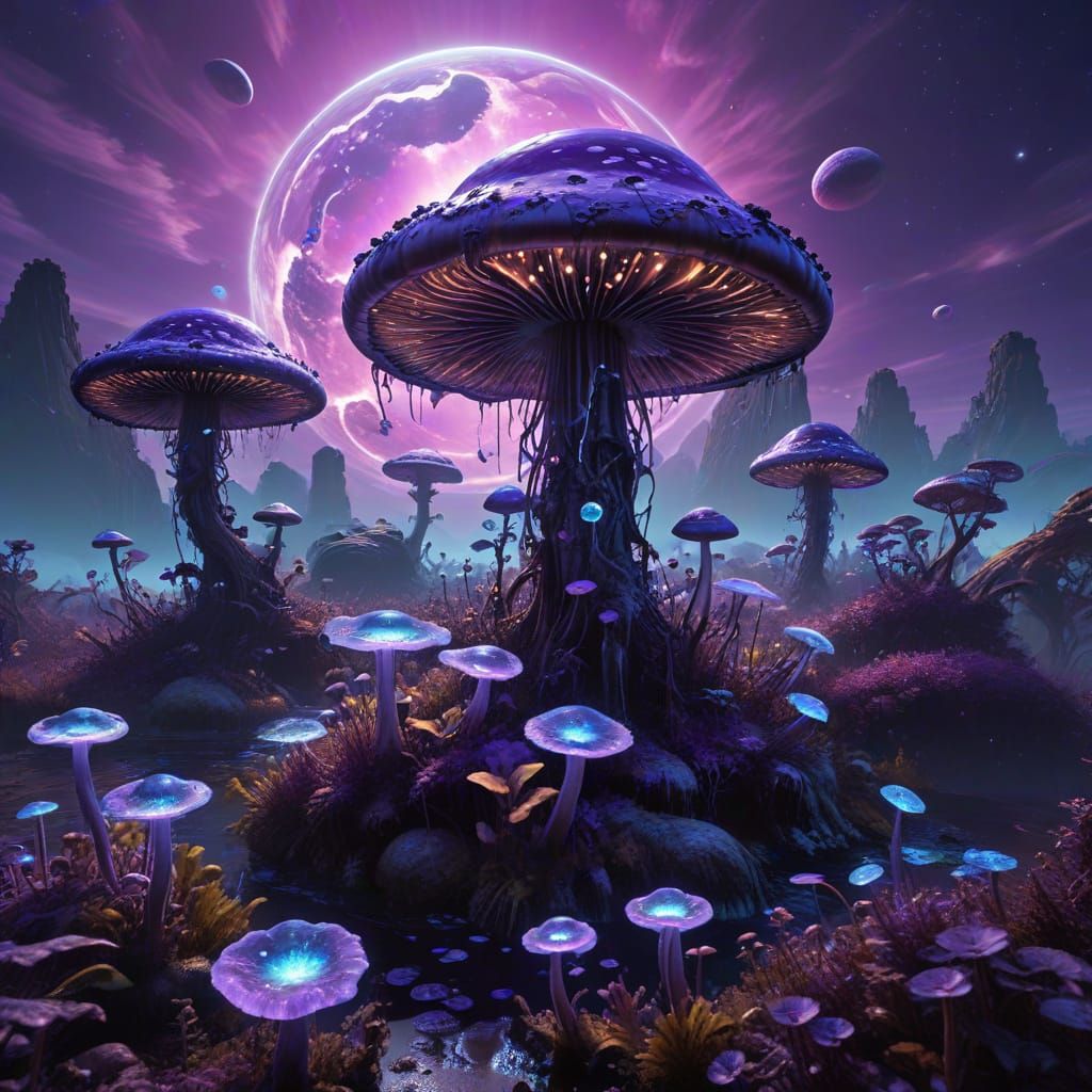 Alien Planet Covered in Glowing Mushrooms