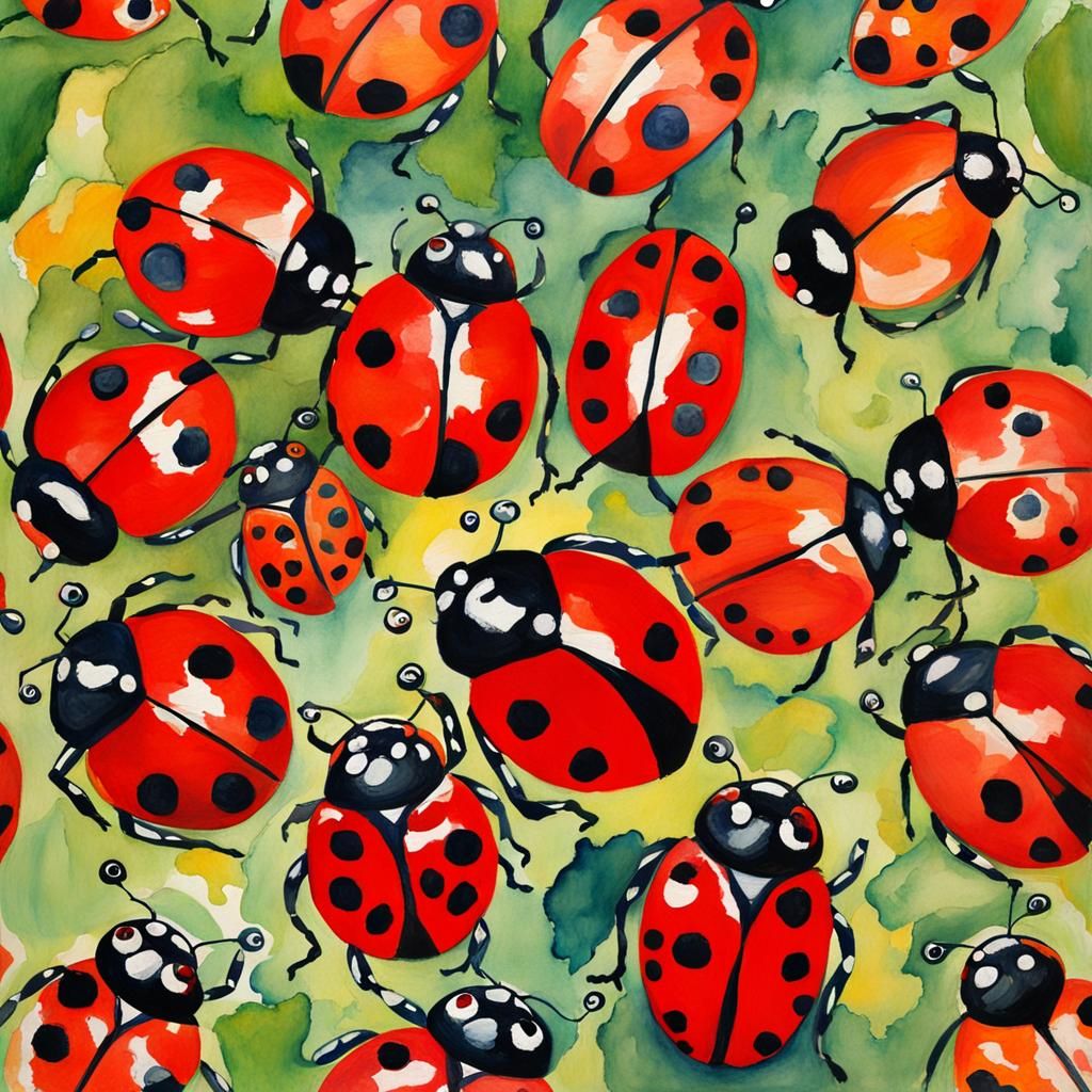Gustav Klimt 3 large lady bugs in Gouache Style, Watercolor,...