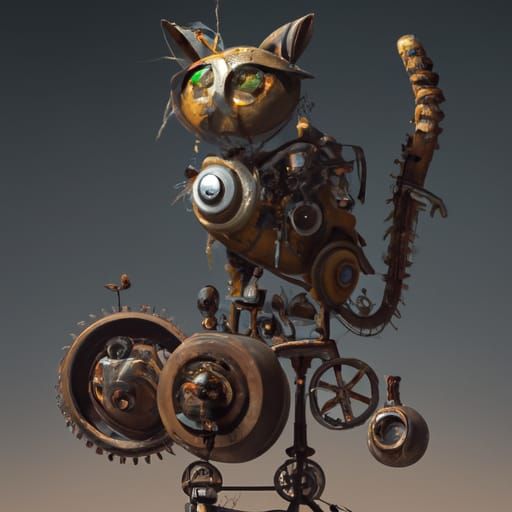 steampunk prototype robot cat made from gears, on a null bac...
