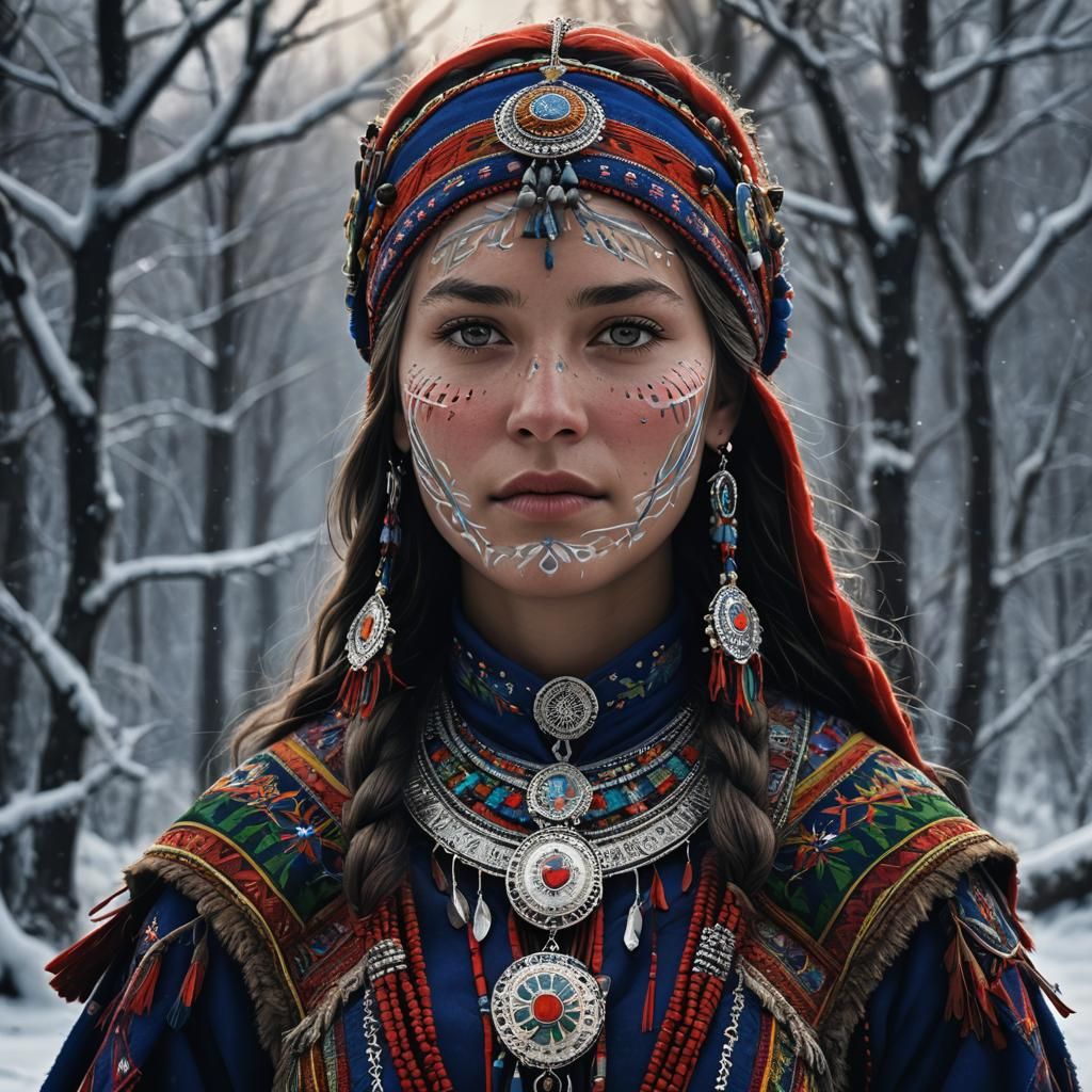 girl in traditional Sami attire, her gákti adorned with colorful ...