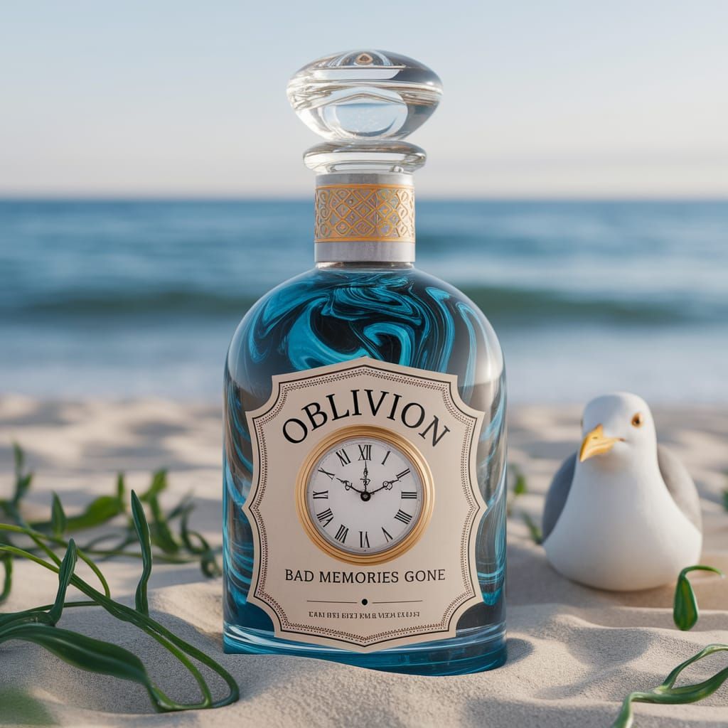 A hyperrealistic pale azure glass bottle, boldly labeled "OBLIVION" filled with swirling dark blue liquid with white . Its golden-etched nec...