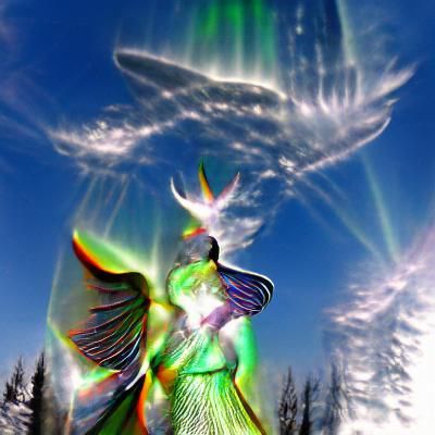Wings upon the angel fly through the heaven's aurora refract...
