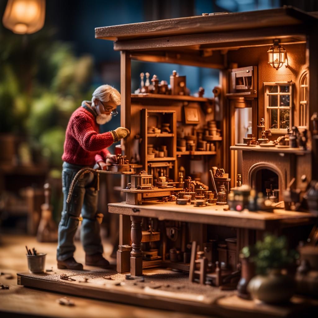 Ultra detailed, a toy maker crafting a miniature doll house, Professional photography, bokeh, natural ...  by @Ai in training