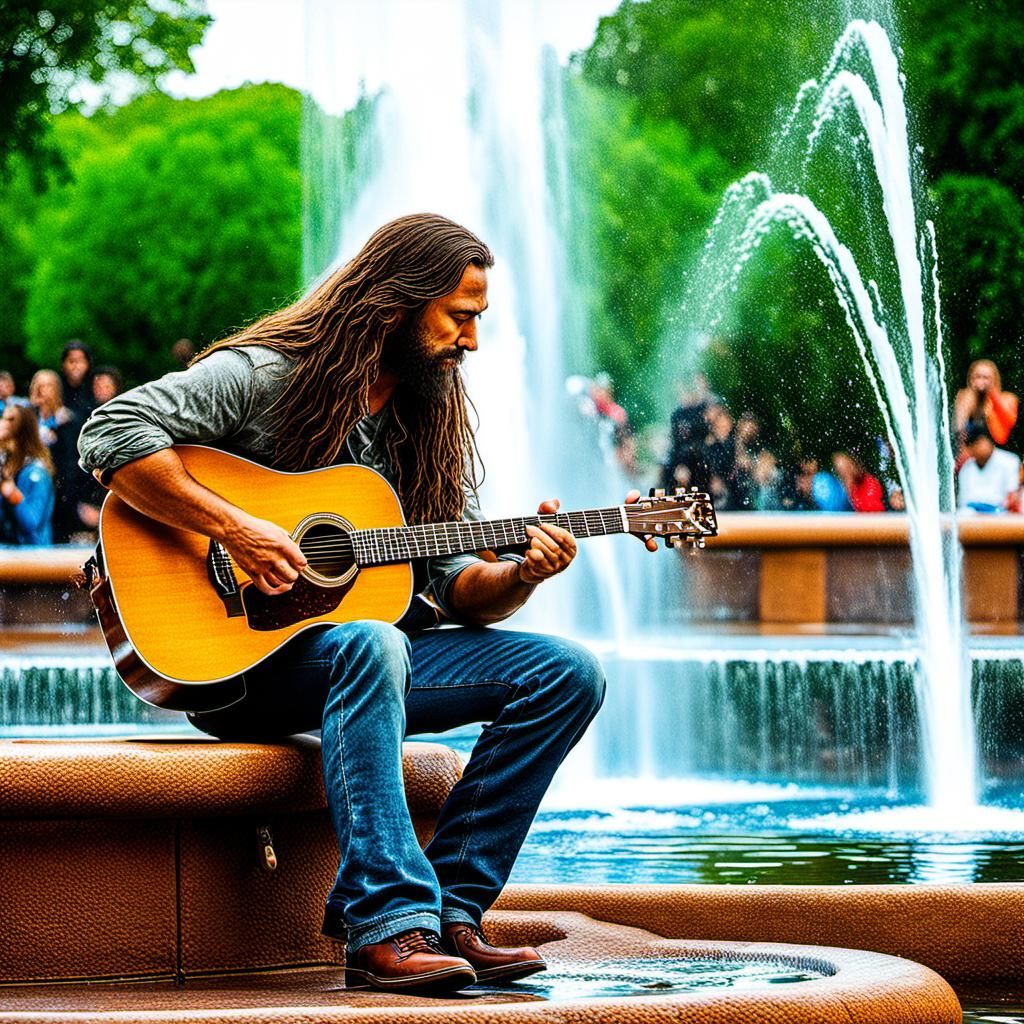 Man long hair playing acoustic guitar next to a water fountain.