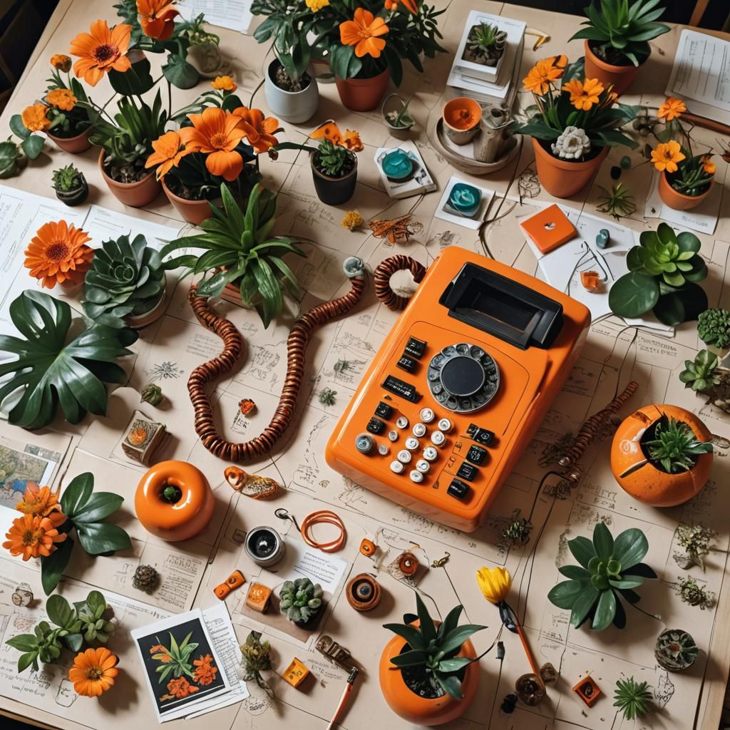 An old orange plastic phone from the 70s, on the dining tabl...