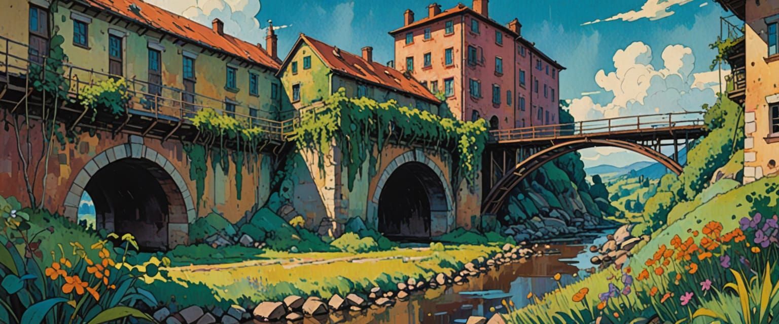 gritty industrial wasteland, factory zone, light, wide open spaces, concrete staircases, debris, iron bridge, vines, trees, flowers, stone b...