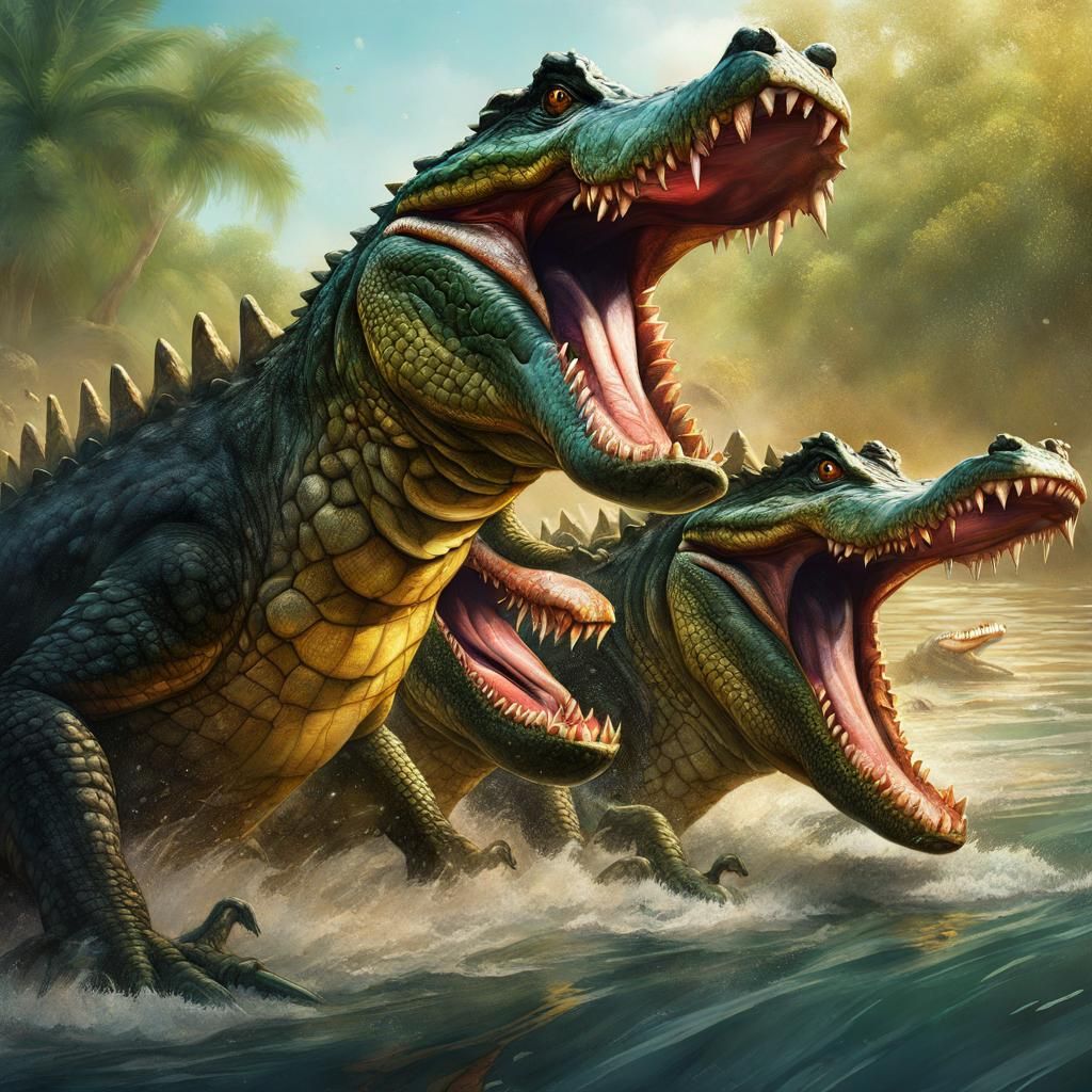an army of crocodiles emerging from a river on their two hin...