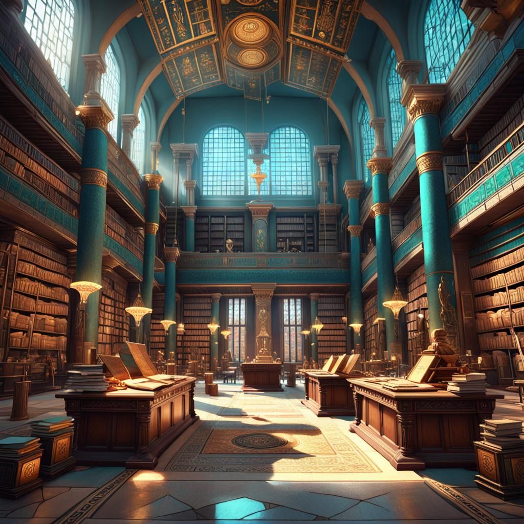 Egyptian Library with Ancient Librarian: Art Nouveau Style