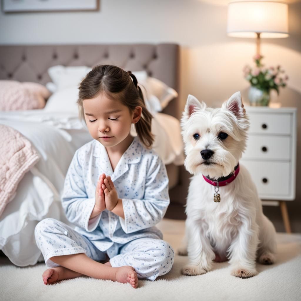 A little girl in pajamas and West Highland Terrier Puppy, kn...