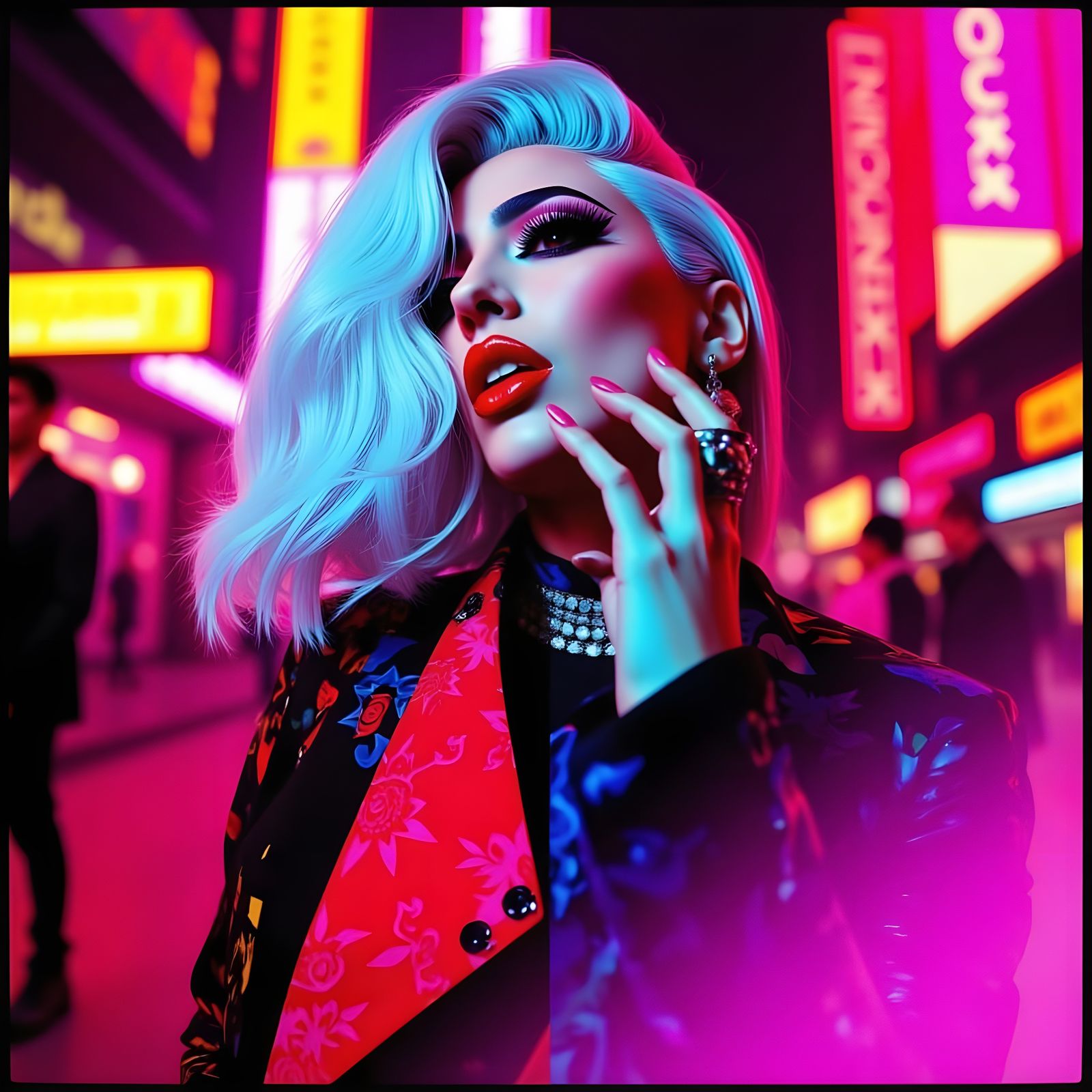 <lora:BehindTheAurA:1.0> Collage, High‑fashion editorial portrait of Lady Gaga, chromatica hair, cyberpunk dress, haute couture, pop‑art col...