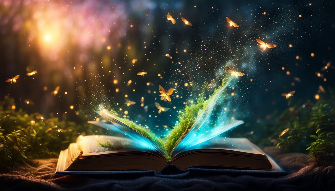 Miniature Fantasy World Emerges from Book, Digital Art