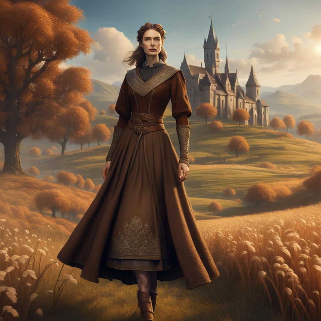 Medieval Lady traveller, elegant brown woolen outfit with sk...