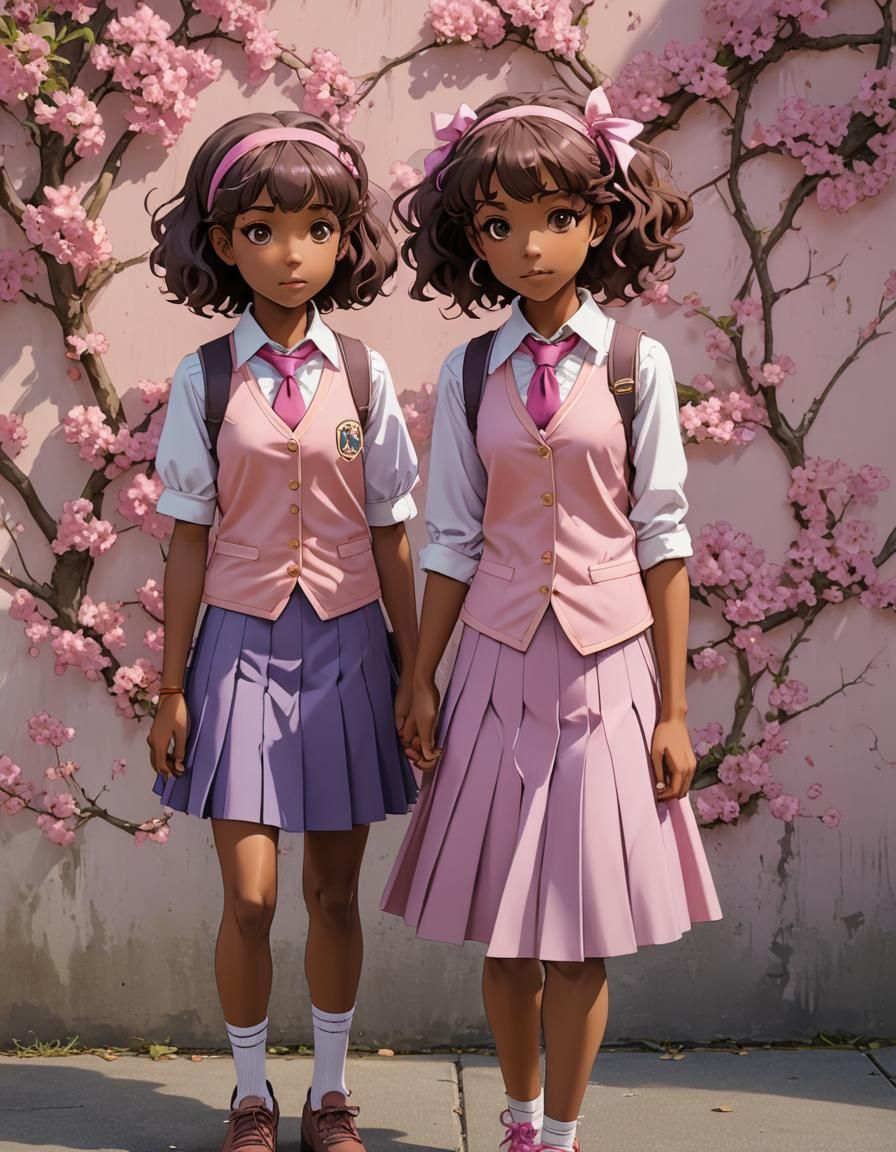 (((anime style))), twin sisters, African American sisters, bronze skin