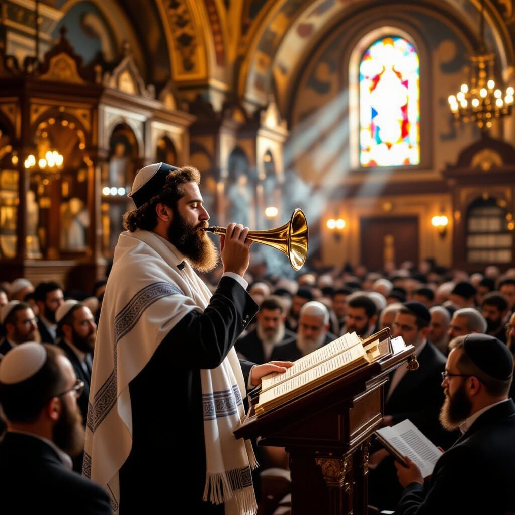 Orthodox Jewish Man Blowing Shofar in Ancient Synagogue