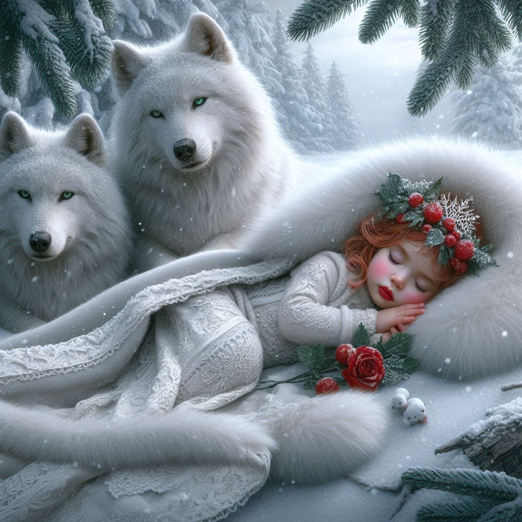 Snow storm. Cute little girl with her wolf guardians