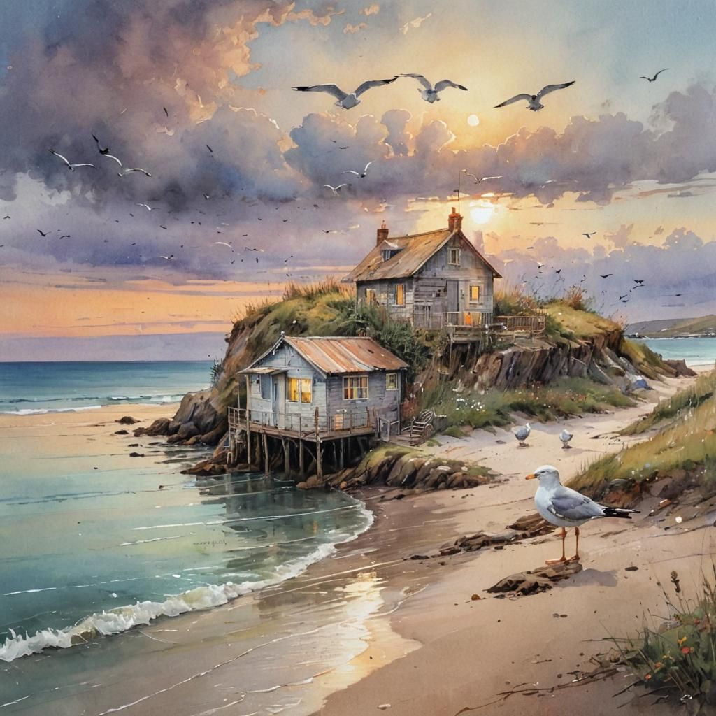 a small cottage, gulls