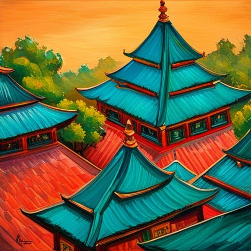 Turquoise Temple: Solemn Sanctuary in Expressionist Style