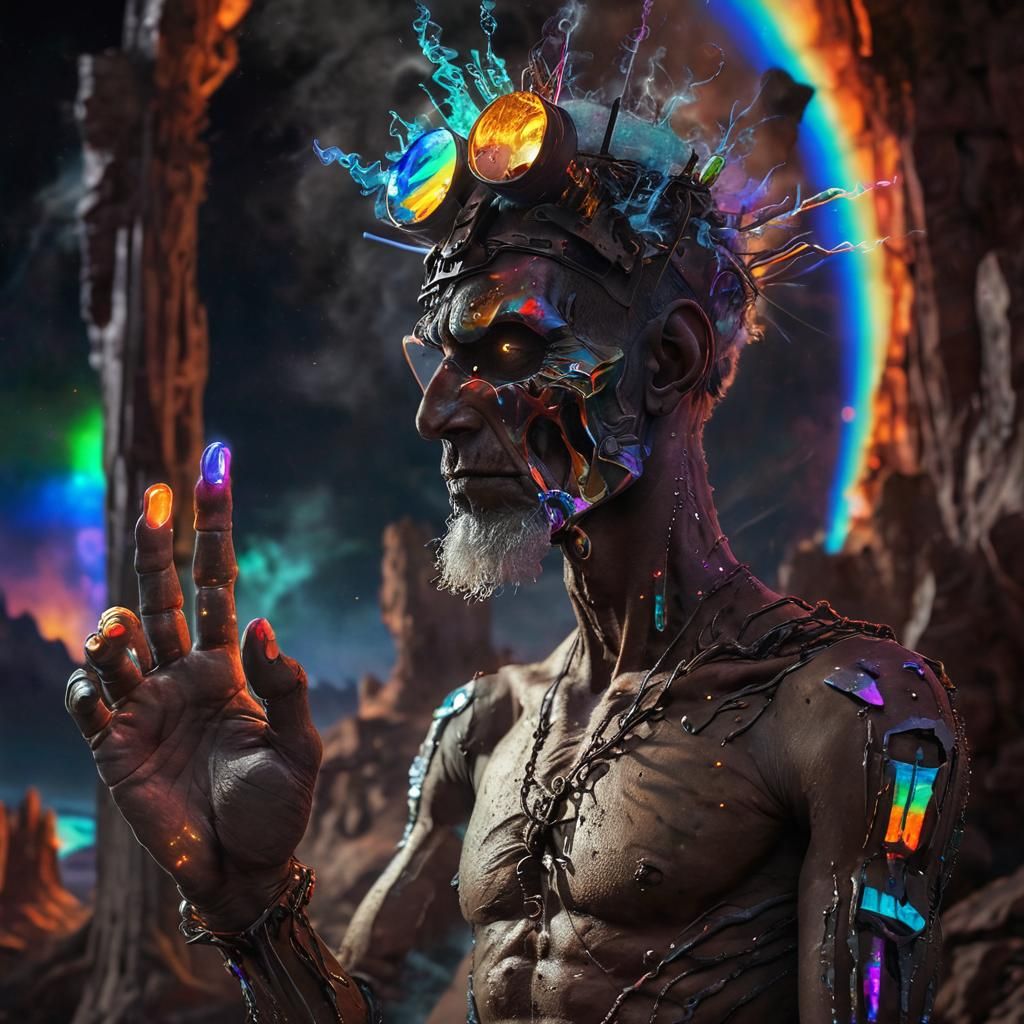 holographic prismatic burst of glowing color, radiant, spectacularly colored, shimmering, multicolored god rays, hologram, freak standing on...