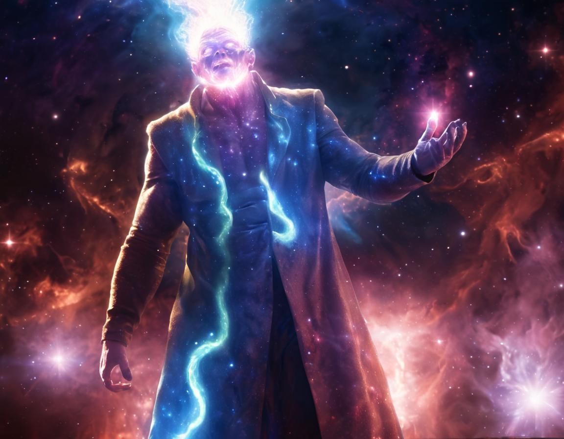 A colossal, godlike figure with radiant skin and eyes that burn like stars, rises from an ethereal void, holding hands behind the back peace...