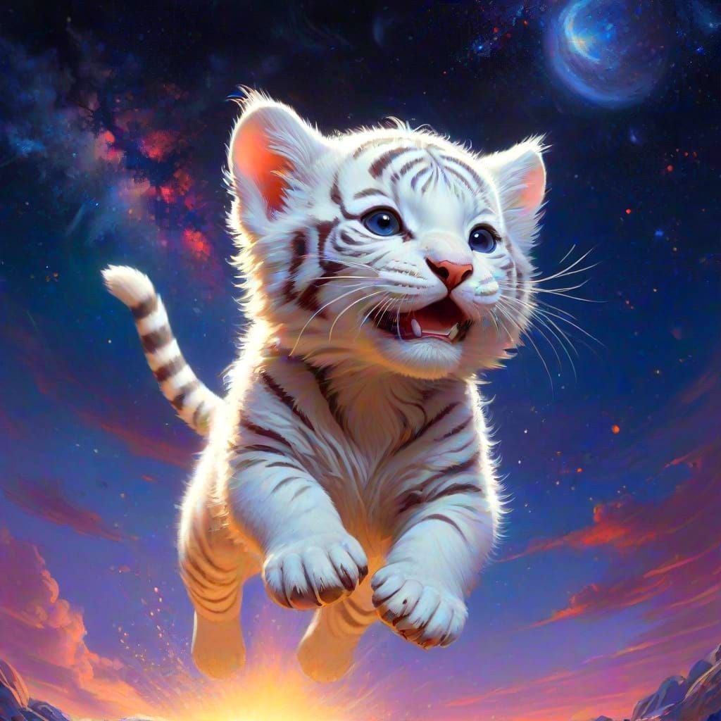 Cosmic Tiger Kitten Jumps Through Milky Way