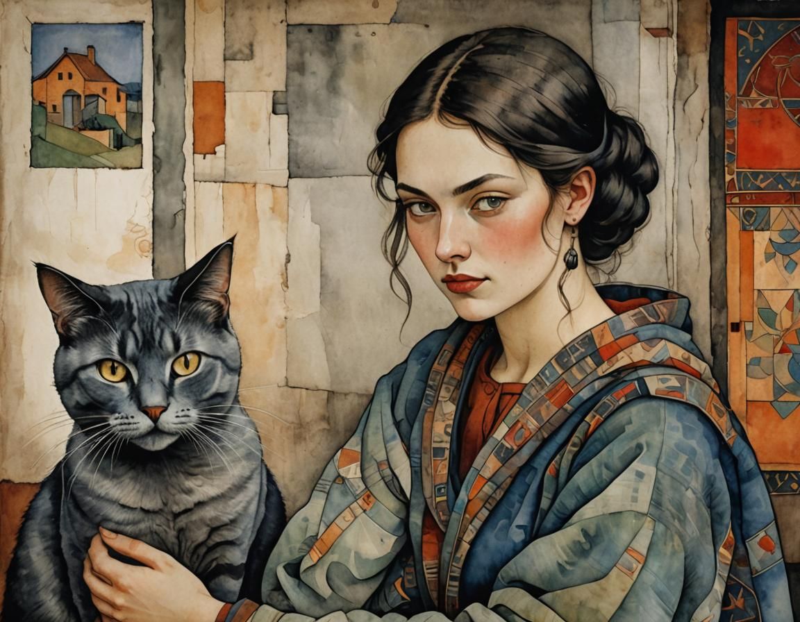 Girl With A Cat - Ai Generated Artwork - Nightcafe Creator