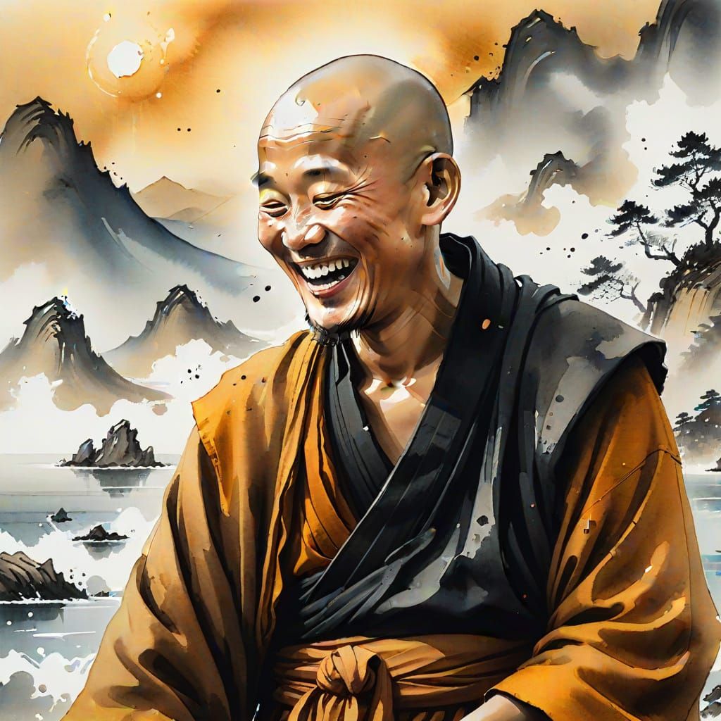 Monk's Joyful Laughter: An Ink Painting Masterpiece