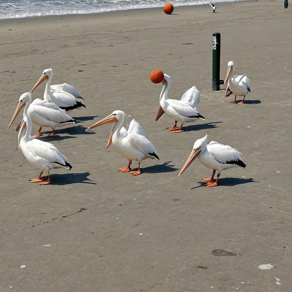 Cartoon White pelicans, wearing orange t-shirts, and  playin...