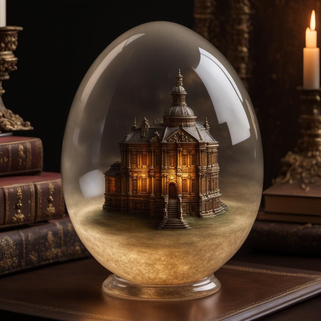 A resin egg, translucent and shimmering, it contains a miniature