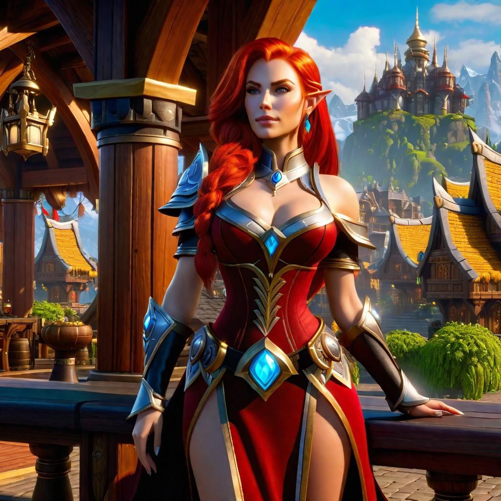 an attractive redhead human women, standing in front of a be...