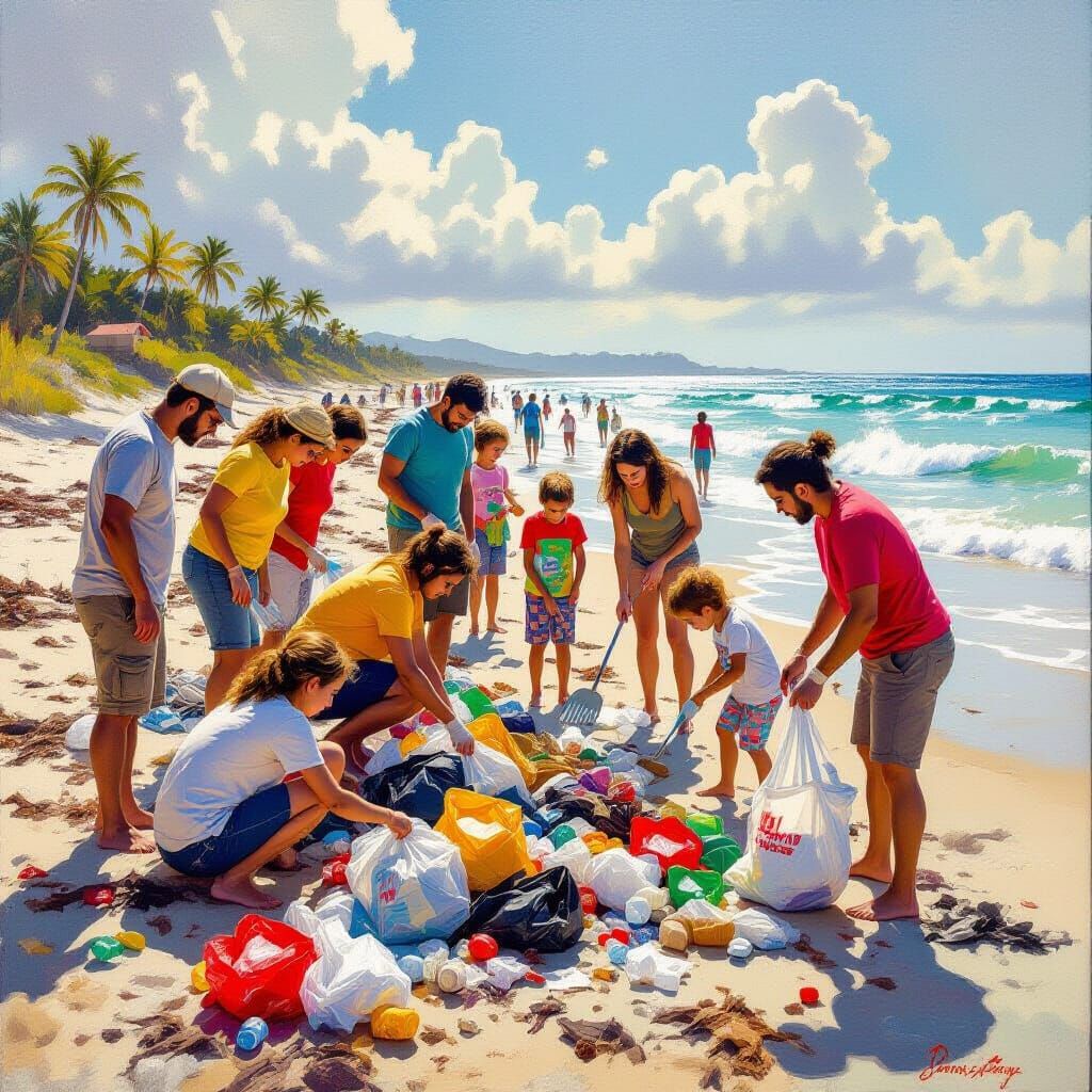 a group of people all different, cleaning a beach filled with trash all through out the beach, they all ...  by @SHU