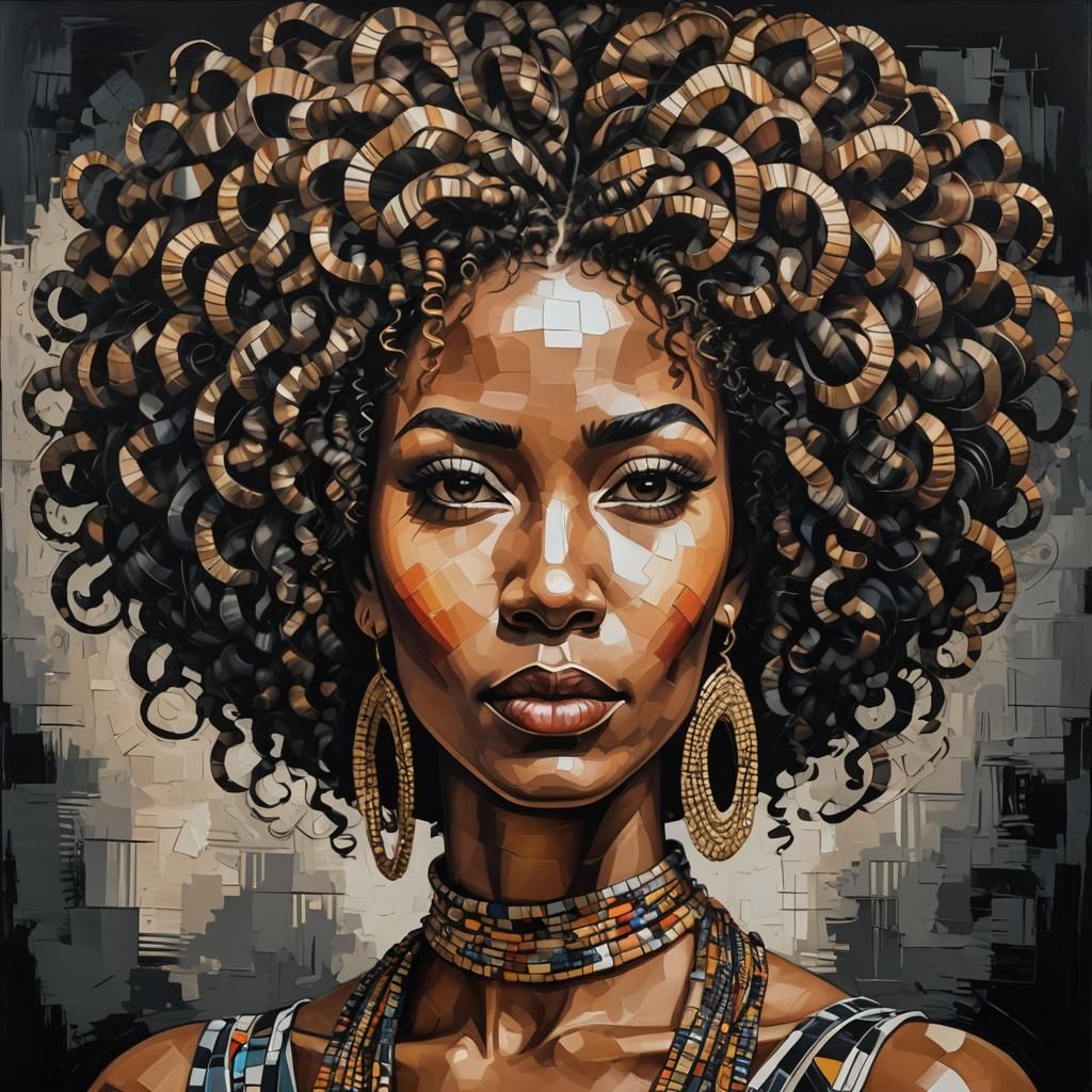 "A striking portrait of a woman with an elaborate and artist...